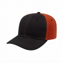USA-made 6S Black-Orange Chino baseball cap, 3q view, manufactured in Newark NJ