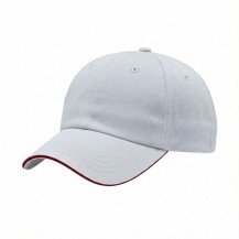 USA-made 6U White-Red Chino baseball cap, 3q view, manufactured in Newark NJ