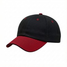 USA-made 6U Black-Red Chino baseball cap, 3q view, manufactured in Newark NJ
