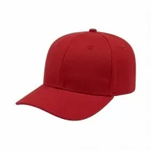 USA-made 6S Red Brushed Denim baseball cap, 3q view, manufactured in Newark NJ