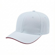 USA-made 6S White-Red Brushed Denim baseball cap, 3q view, manufactured in Newark NJ