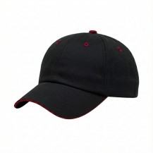 USA-made 6U Black-Red Brushed Denim baseball cap, 3q view, manufactured in Newark NJ