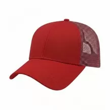 USA-made 6L Red Chino baseball cap, 3q view, manufactured in Newark NJ