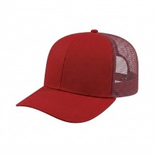 USA-made 6S Red Polycotton Twill baseball cap, 3q view, manufactured in Newark NJ
