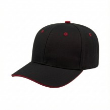 USA-made 6S Black-Red Cotton Spandex baseball cap, 3q view, manufactured in Newark NJ