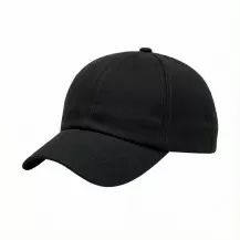 USA-made 6U Black Cotton Spandex baseball cap, 3q view, manufactured in Newark NJ