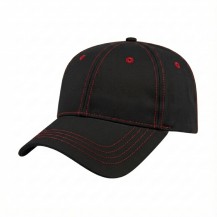 USA-made 6L Black-Red Polycotton Twill baseball cap, 3q view, manufactured in Newark NJ