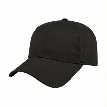 USA-made 6L Black Polycotton Twill baseball cap, 3q view, manufactured in Newark NJ