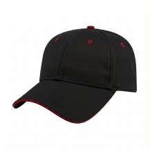 USA-made 6L Black-Red Polycotton Twill baseball cap, 3q view, manufactured in Newark NJ