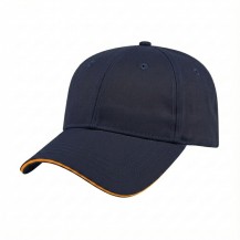 USA-made 6L Navy-Athletic Gold Polycotton Twill baseball cap, 3q view, manufactured in Newark NJ