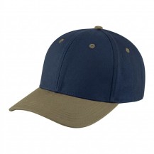 USA-made 6H Navy-Khaki Organic Twill baseball cap, 3q view, manufactured in Newark NJ