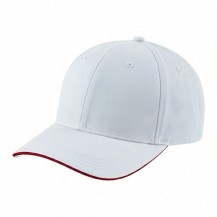 USA-made 6H White-Red Organic Twill baseball cap, 3q view, manufactured in Newark NJ