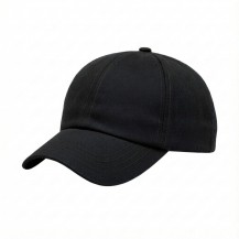 USA-made 6U Black Organic Twill baseball cap, 3q view, manufactured in Newark NJ