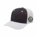 USA-made 6S Dark Gray-White Chino baseball cap, decorated view, manufactured in Newark NJ