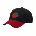 USA-made 6U Black-Red Chino baseball cap, decorated view, manufactured in Newark NJ