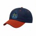 USA-made 6U Navy-Orange Chino baseball cap, decorated view, manufactured in Newark NJ