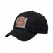 USA-made 6U Black-Khaki Brushed Denim baseball cap, decorated view, manufactured in Newark NJ