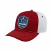 USA-made 6S Red-White Chino baseball cap, decorated view, manufactured in Newark NJ