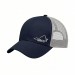 USA-made 6U Navy-White Chino baseball cap, decorated view, manufactured in Newark NJ
