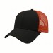 USA-made 6L Black-Orange Polycotton Twill baseball cap, 3q view, manufactured in Newark NJ