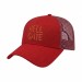 USA-made 6L Red Polycotton Twill baseball cap, decorated view, manufactured in Newark NJ