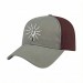 USA-made 6L Light Gray-Burgundy Cotton Spandex baseball cap, decorated view, manufactured in Newark NJ