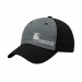 USA-made 6U Light Gray-Black Cotton Spandex baseball cap, decorated view, manufactured in Newark NJ