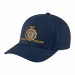 USA-made 6H Navy Polycotton Twill baseball cap, decorated view, manufactured in Newark NJ