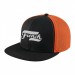 USA-made 6H Black-Blaze Orange Polycotton Twill baseball cap, decorated view, manufactured in Newark NJ