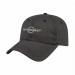 USA-made 6L Dark Gray-Black Polycotton Twill baseball cap, decorated view, manufactured in Newark NJ
