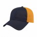 USA-made 6L Navy-Athletic Gold Polycotton Twill baseball cap, 3q view, manufactured in Newark NJ