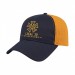 USA-made 6L Navy-Athletic Gold Polycotton Twill baseball cap, decorated view, manufactured in Newark NJ