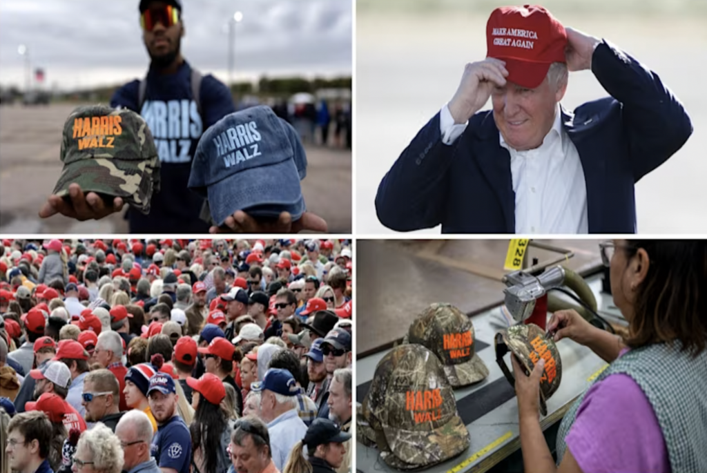 Harris and Trump hats