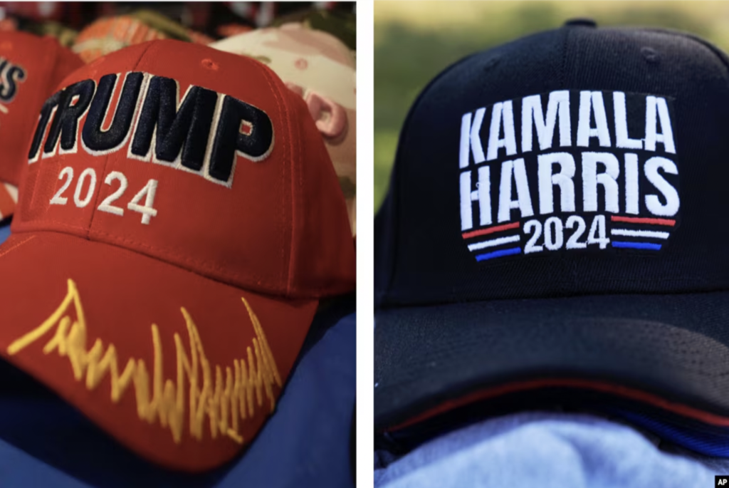 trump hat on the left and harris hat on the right