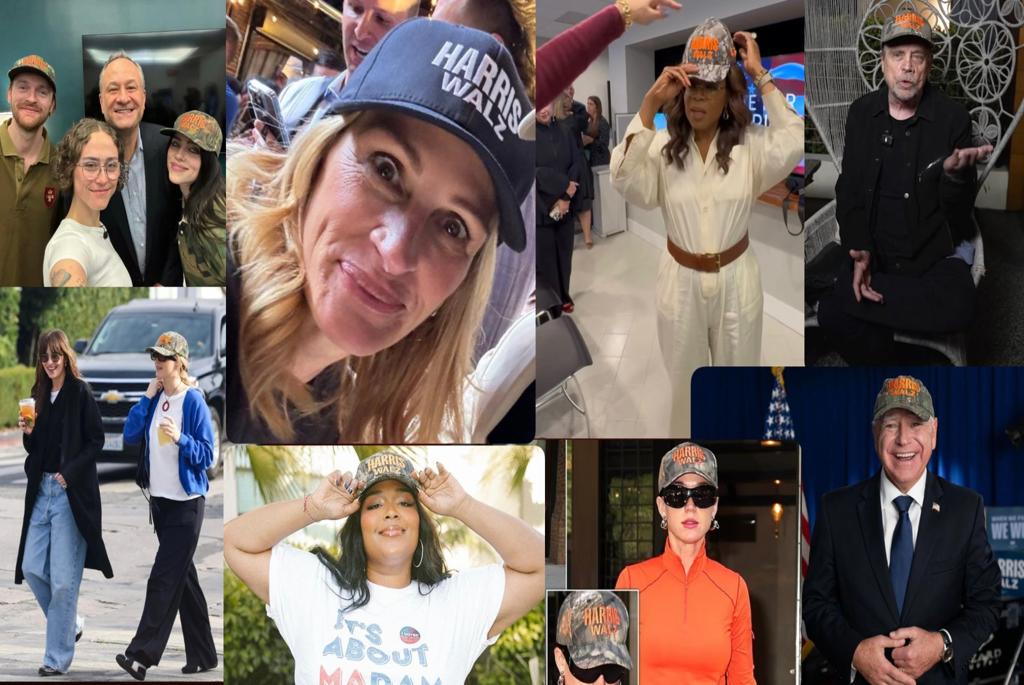 A collage of some celebrities seen wearing Harris-Walz hats